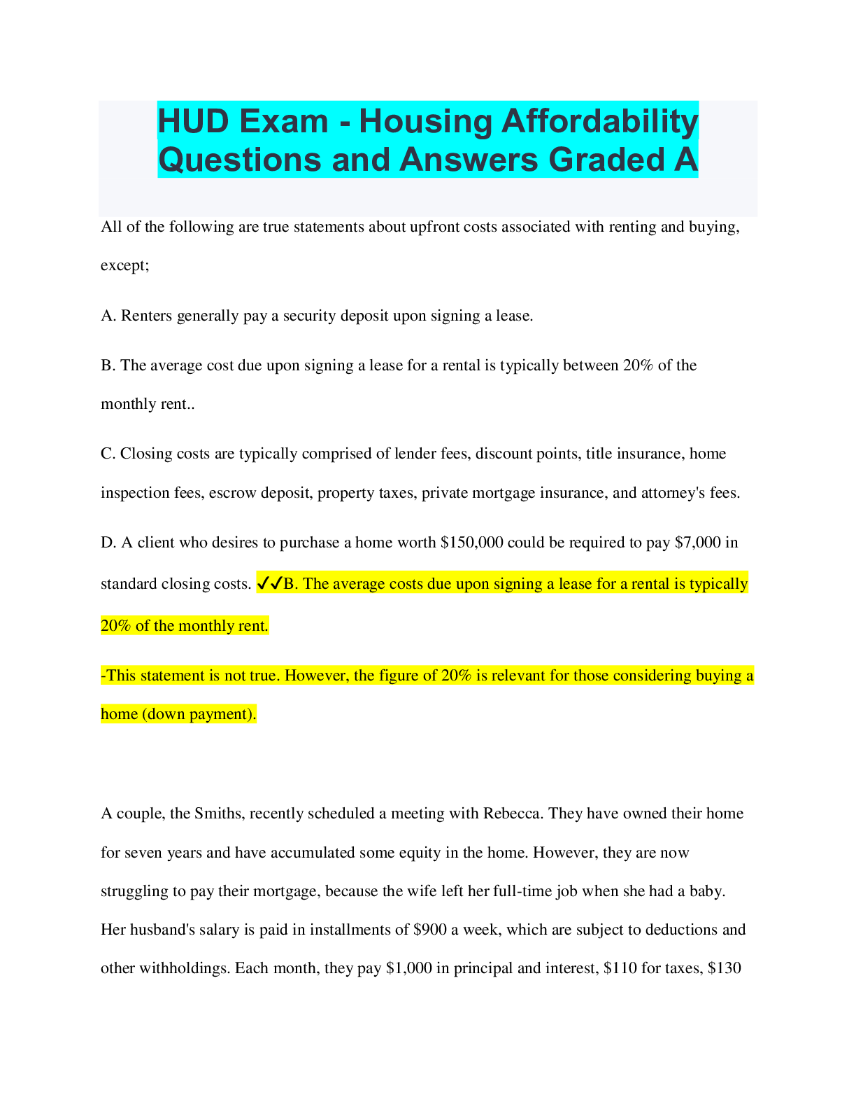 Preview of HUD Exam - Housing Affordability Questions and Answers Graded A